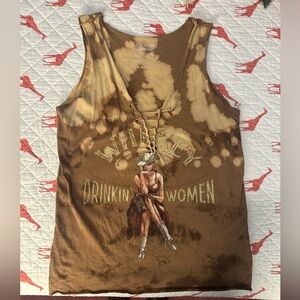 Vintage-Inspired Tie-Dye Brown Graphic Lace-Up Tank Top by American Highway